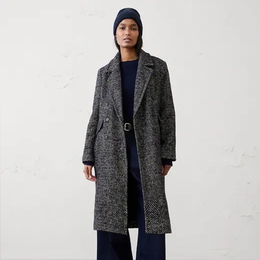 NWT! BANANA REPUBLIC MIDNIGHT HERRINGBONE BLACK TIMELESS TOPCOAT - XS PETITE